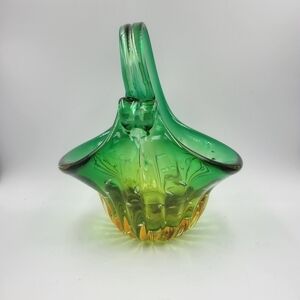 Vintage Art Glass Bridal Basket in Yellow & Green Combination